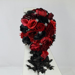 Custom Realistic Artificial Red & Black Cascading wedding bouquet with Jewels