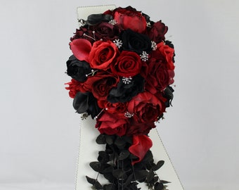 Custom Realistic Artificial Red & Black Cascading wedding bouquet with Jewels