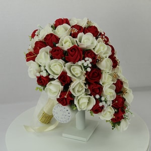 Custom Realistic Artificial Red & Ivory wedding bouquet singles