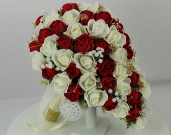 Custom Realistic Artificial Red & Ivory wedding bouquet singles