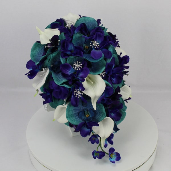 Custom Realistic Artificial Turquoise & Purple Galaxy Orchid Bouquets with white Cala Lilies