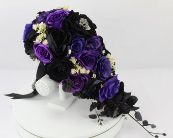 Custom Made Realistic Artificial Black & Purple with Ivory Gypsophila wedding singles with skulls