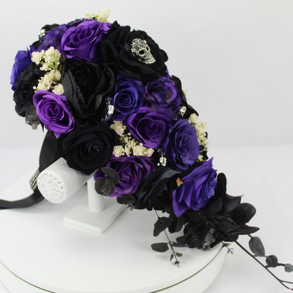 Custom Made Realistic Artificial Black & Purple with Ivory Gypsophila wedding singles with skulls