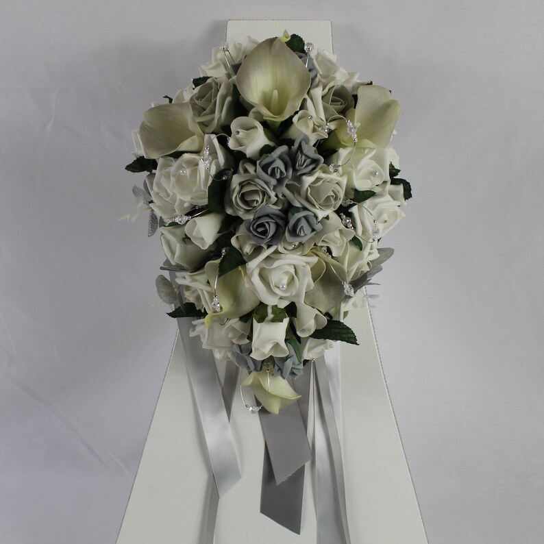 Artificial Pearl Grey /& Ivory wedding bouquet singles and packages