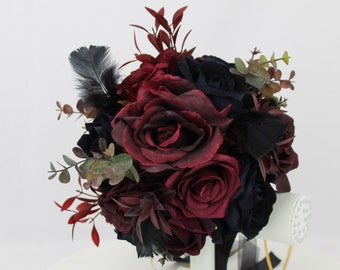 Custom Realistic Artificial Black & Burgundy wedding bouquet