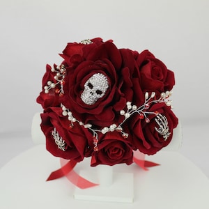 Custom Artificial Velvet Red Rose Gothic Skull & Skeleton Hand Brooch Bouquet