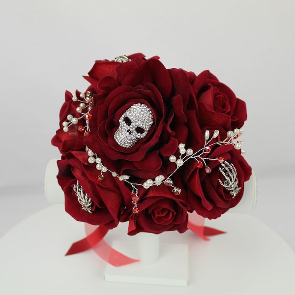 Custom Artificial Velvet Red Rose Gothic Skull & Skeleton Hand Brooch Bouquet