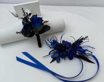 Realistic Artificial Royal/Electric Blue & Black Prom / Wedding Corsage.