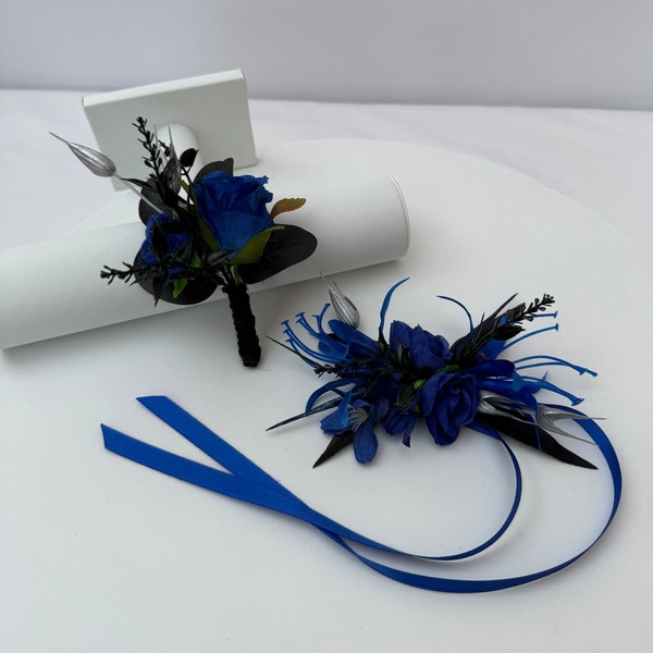 Realistic Artificial Royal/Electric Blue & Black Prom / Wedding Corsage.