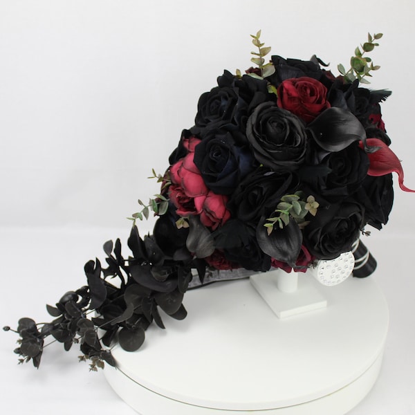 Custom Realistic Artificial Black & Burgundy Cascading wedding bouquet