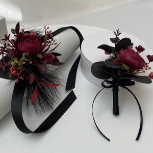 Realistic Artificial Black with Burgundy Peony Prom / Wedding Corsage.