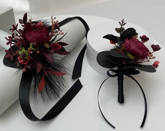 Realistic Artificial Black with Burgundy Peony Prom / Wedding Corsage.