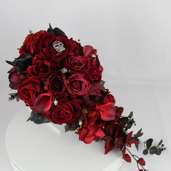 Custom Realistic Artificial Red & Black Cascading wedding bouquet with skulls