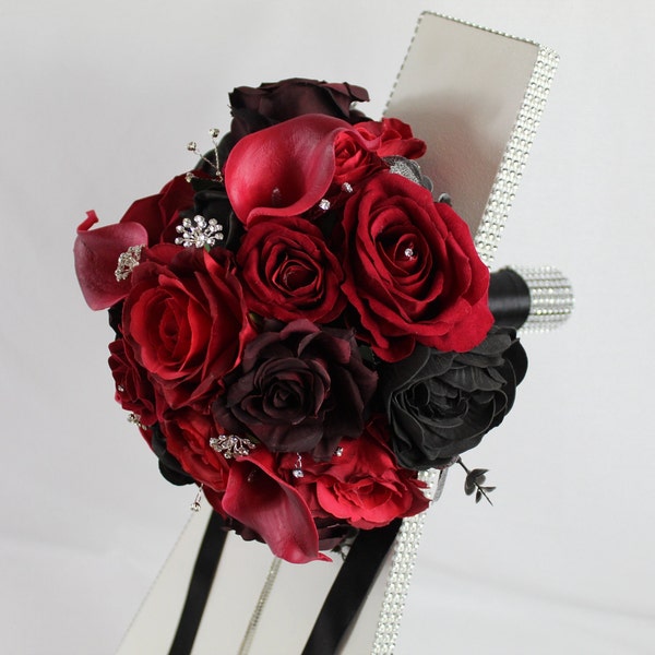 Realistic Artificial Black & Red wedding bouquet singles