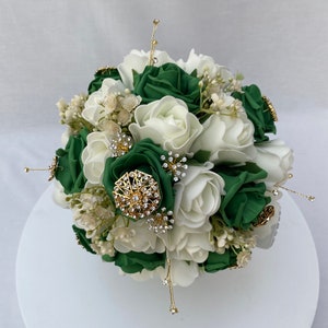 Realistic Artificial Emerald Green & Ivory Gold Brooch wedding bouquet singles