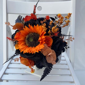 Custom Realistic Artificial Gothic Black & Orange Cascading Wedding Bouquet