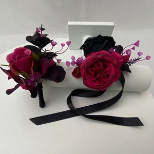 Custom Realistic Artificial Gothic Black & Hot Fuchsia Pink Prom / Wedding Corsage/Buttonhole