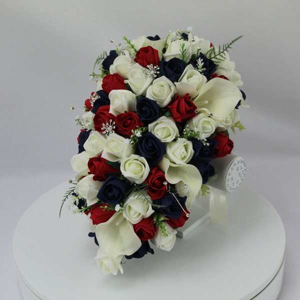 Realistic Artificial Red, Navy Blue & Ivory wedding bouquet singles