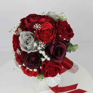 Realistic Artificial Shades of Red & Silver wedding bouquet singles