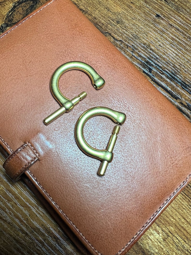 May include: Two brass-colored D-ring shackles with threaded pins, resting on a brown leather notebook. The shackles have a curved top and a straight pin that screws into the base. The notebook has a stitched border.