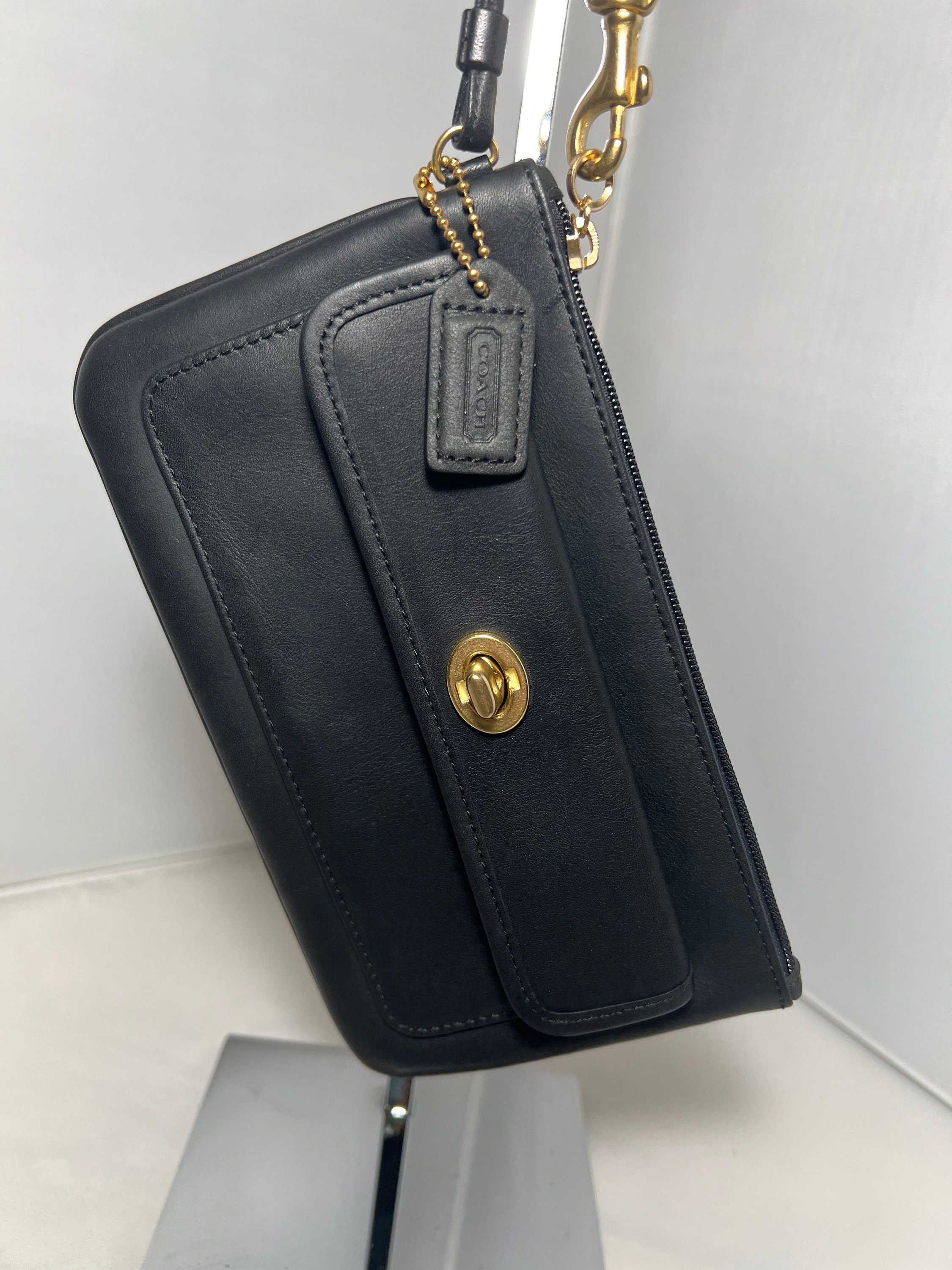 Vintage COACH Black Leather Turnlock Wristlet With Hang Tag - Etsy