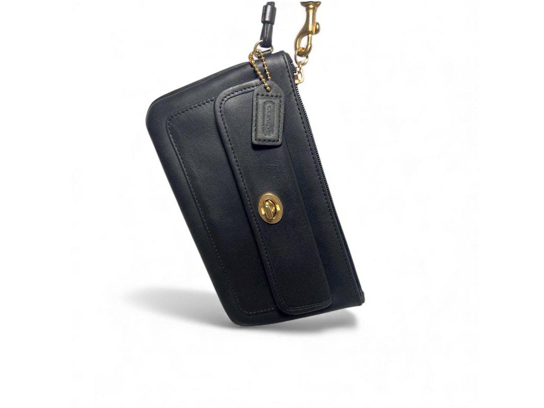 Vintage COACH Black Leather Turnlock Wristlet With Hang Tag - Etsy