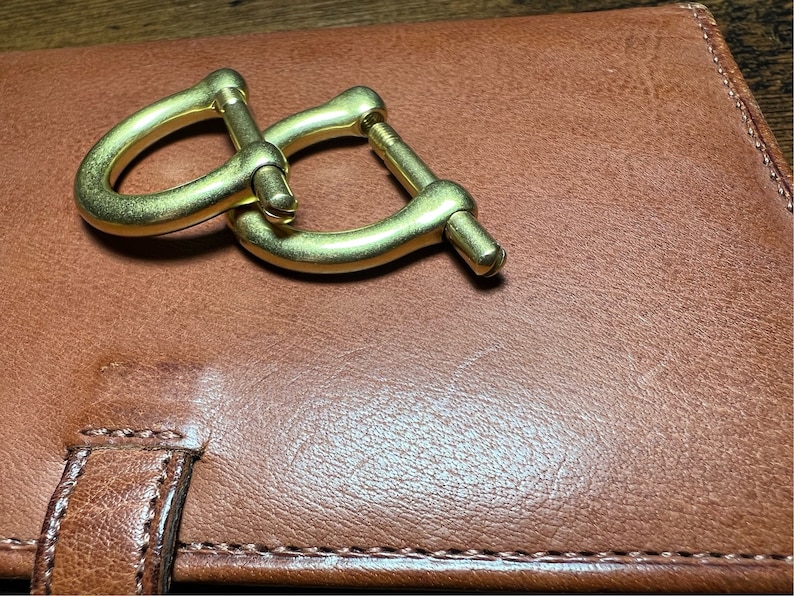 May include: A pair of gold-colored metal shackles, interlocked, resting on a brown leather surface. The shackles have a curved design with a screw closure. The leather appears to be a wallet or notebook.