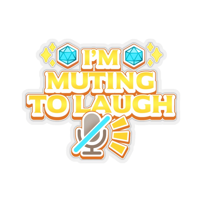 Pu&ograve; includere: Un adesivo giallo e bianco con il testo "I'm muting to laugh" e un microfono barrato. L'adesivo ha due diamanti blu su entrambi i lati del testo.