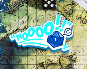 May include: A blue and white dice with the number "1" on it. The dice is surrounded by a blue and white graphic that says "NOOOO!" with an exclamation point. The graphic is on a green and brown background with a grid pattern.