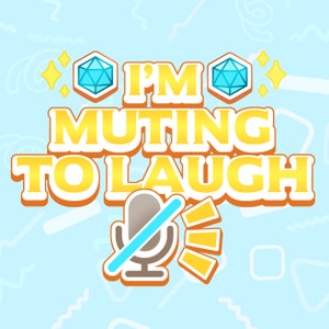 Pu&ograve; includere: Una grafica gialla e arancione con il testo "I'M MUTING TO LAUGH" e un microfono di cartone animato con una linea che lo attraversa. La grafica &egrave; su uno sfondo blu chiaro con un motivo di forme geometriche.