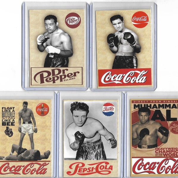 BOX- All time BOXING CHAMPIONS Vintage style ad & Facs. Auto Cards. Ali - Tyson - Marciano - Louis - LaMotta