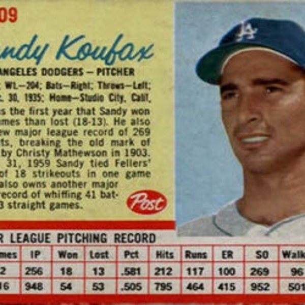Ad - 1962 Post Cereal #109 SANDY KOUFAX LosAngeles Dodgers  Reprint Card