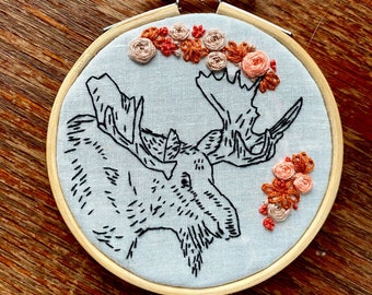 Floral Moose Hand Embroidered Hoop