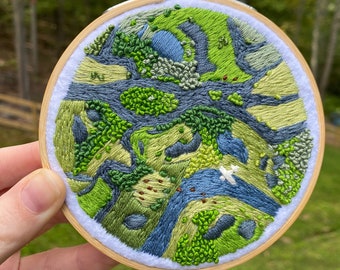 4” Aerial View of Plane Over Wetland Embroidery Hoop || 100% hand-stitched || Unique Gift
