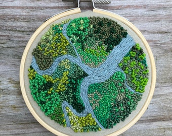 River and Forest Aerial Embroidery Hoop