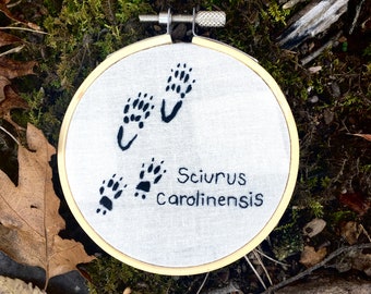 Gray Squirrel Tracks Embroidery Hoop || Unique Gift for Animal and Nature Lovers || Wildlife Biology Artwork