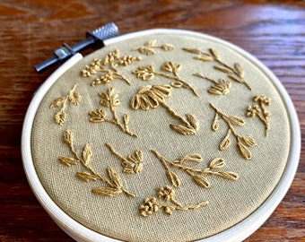 Monochrome 3” hand-stitched floral embroidery hoop