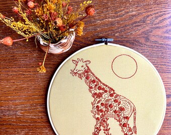 Floral Giraffe Embroidery Hoop || Unique Gift for Animal and Nature Lovers || Wildlife Biology Artwork