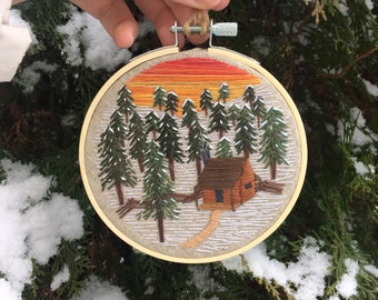 Snowy Cabin in the Woods Embroidery Hoop || Handmade Cabin/Lodge Décor || Unique Gift || Winter Artwork