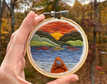 Hand-stitched Kayak Sunset Mountains Embroidery Hoop