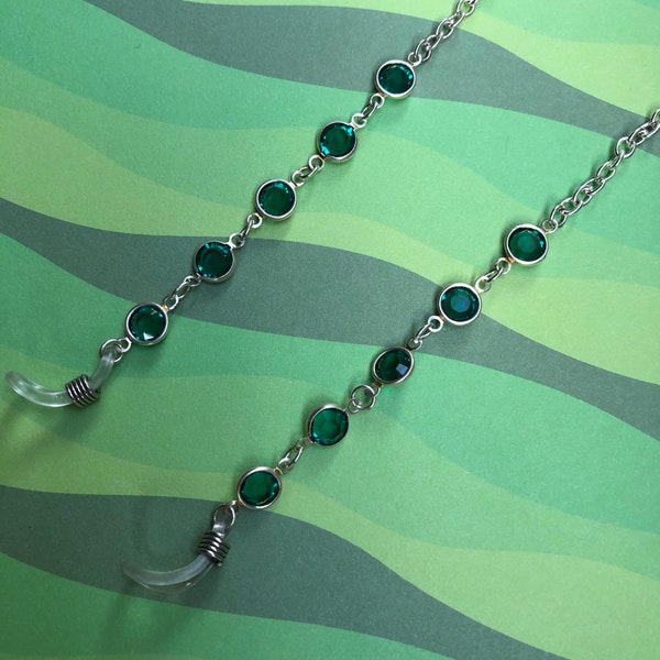 Emerald green and sterling silver glasses chain for eyeglasses / sunglasses