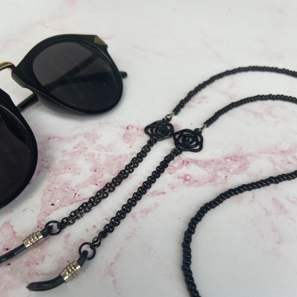 Black rose charm beaded glasses chain for eyeglasses / sunglasses