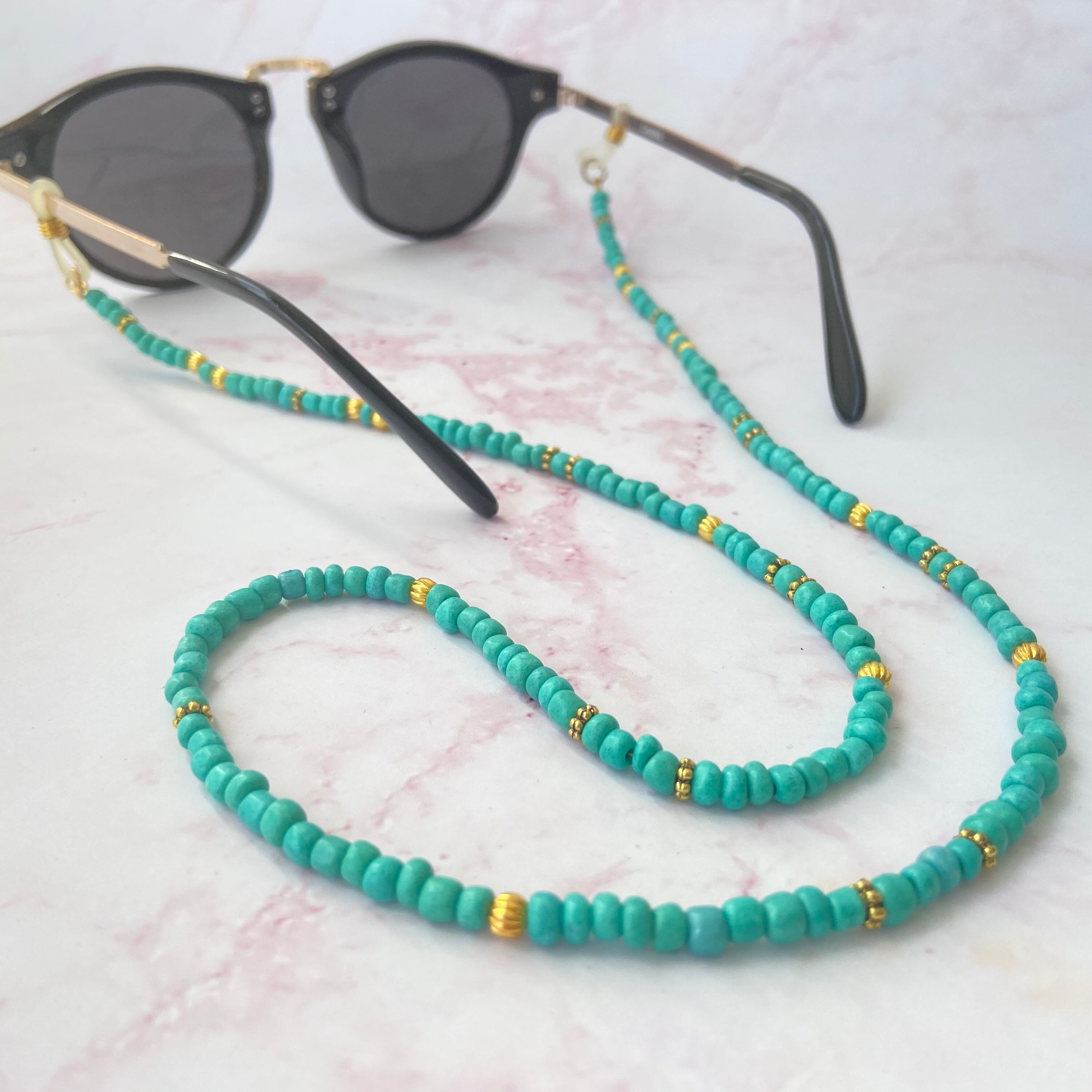Turquoise and gold beaded glasses chain for eyeglasses / Etsy