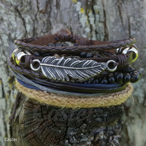 Leather Bracelet for Men and Women | Wrap Bracelet Cuff Adjustable | Angel Wing Multi-Strand Brown Leather Bracelet | 4pcs