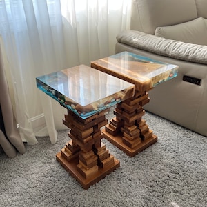 2 Epoxy Live Edge Tables / Pebble Decor Table / Live End Table / Coffee Table / Epoxy River / Wood Rocks Artwork / Nightstand / Wood Base