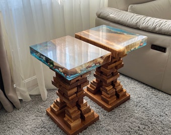 2 Epoxy Live Edge Tables / Pebble Decor Table / Live End Table / Coffee Table / Epoxy River / Wood Rocks Artwork / Nightstand / Wood Base