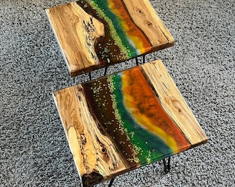 2 Epoxy Live End Tables / Side Table / Epoxy Table / Wood Artwork / Tree Slices Rustic Sculpture / Nightstand