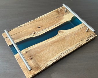 Oak Epoxy River Serving Board / Cheese Tray / Charcuterie Board with Metal Handles