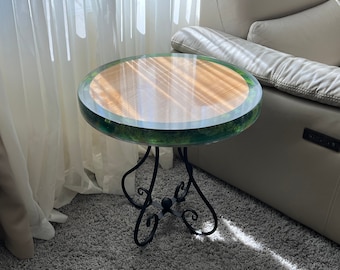Round Epoxy River Side Table with Moss - Natural Wood Nightstand