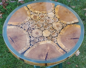 Epoxy Wood Mosaic End Table, Live Edge Rustic Coffee Table